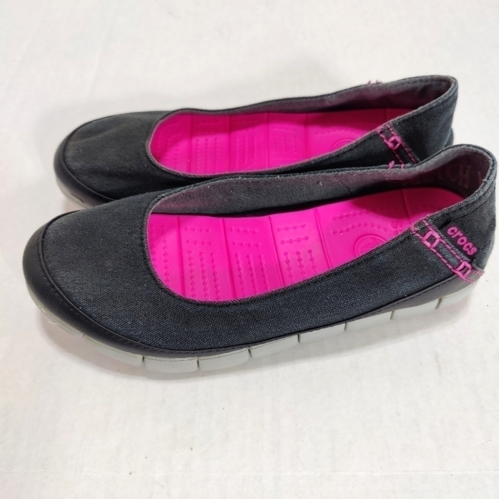 Crocs Womens Stretch Sole Ballet Canvas Round Toe Flats Black Slip On Size 6
